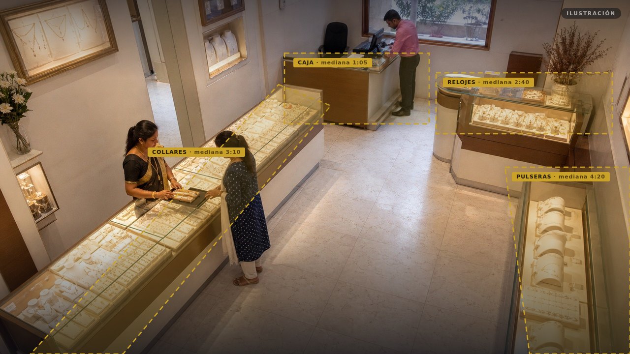 The store seen from a high corner with four zones drawn over the counters and their average dwell time