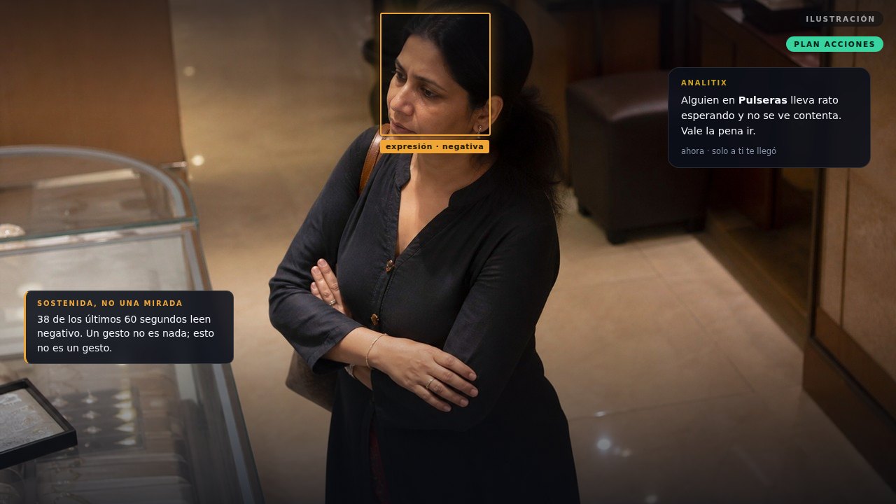 A customer waiting with her arms crossed in front of a counter, her expression read as sustained negative