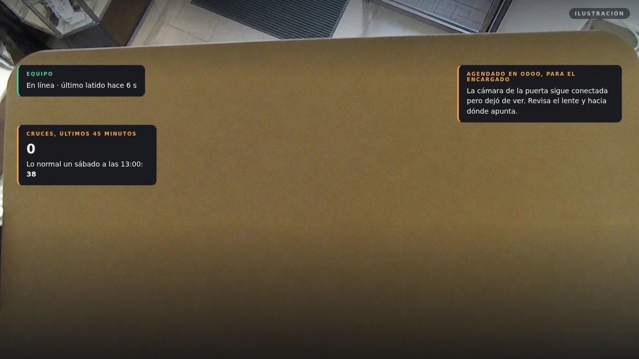 A camera view almost entirely blocked by a cardboard display, with the device reporting online and zero crossings in 45 minutes